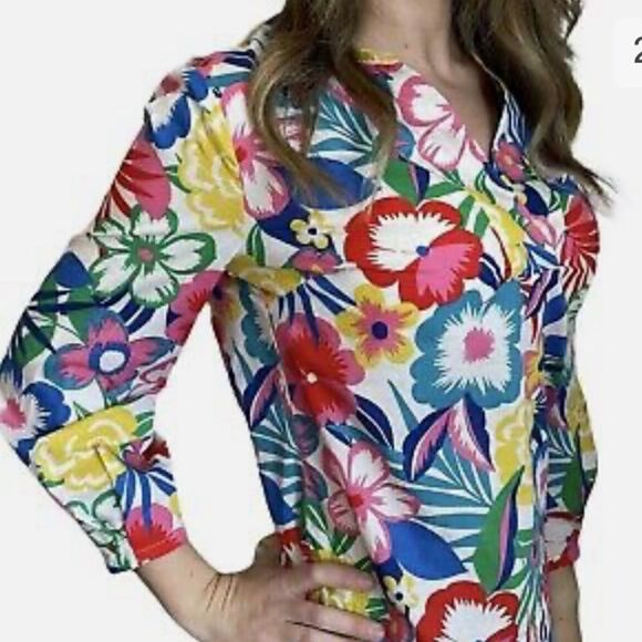 Boden Floral woven V Neck Popover 100% cotton blouse- EUC Size 4 - Picture 5 of 12